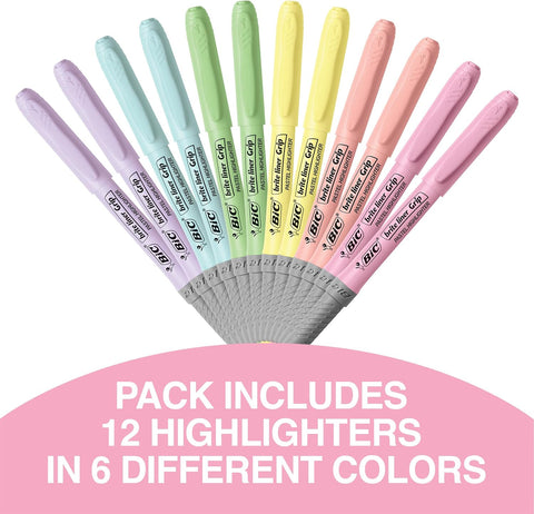 BIC Brite Liner Grip Pastel Highlighter Set, Chisel Tip, 12-Count