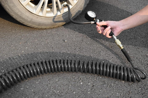 YOTOO Polyurethane Recoil Air Hose, Air Compressor Hose 1/4" Inner Diameter by 25' Long with Bend Restrictor, 1/4" Industrial Quick Coupler and Plug, Gray