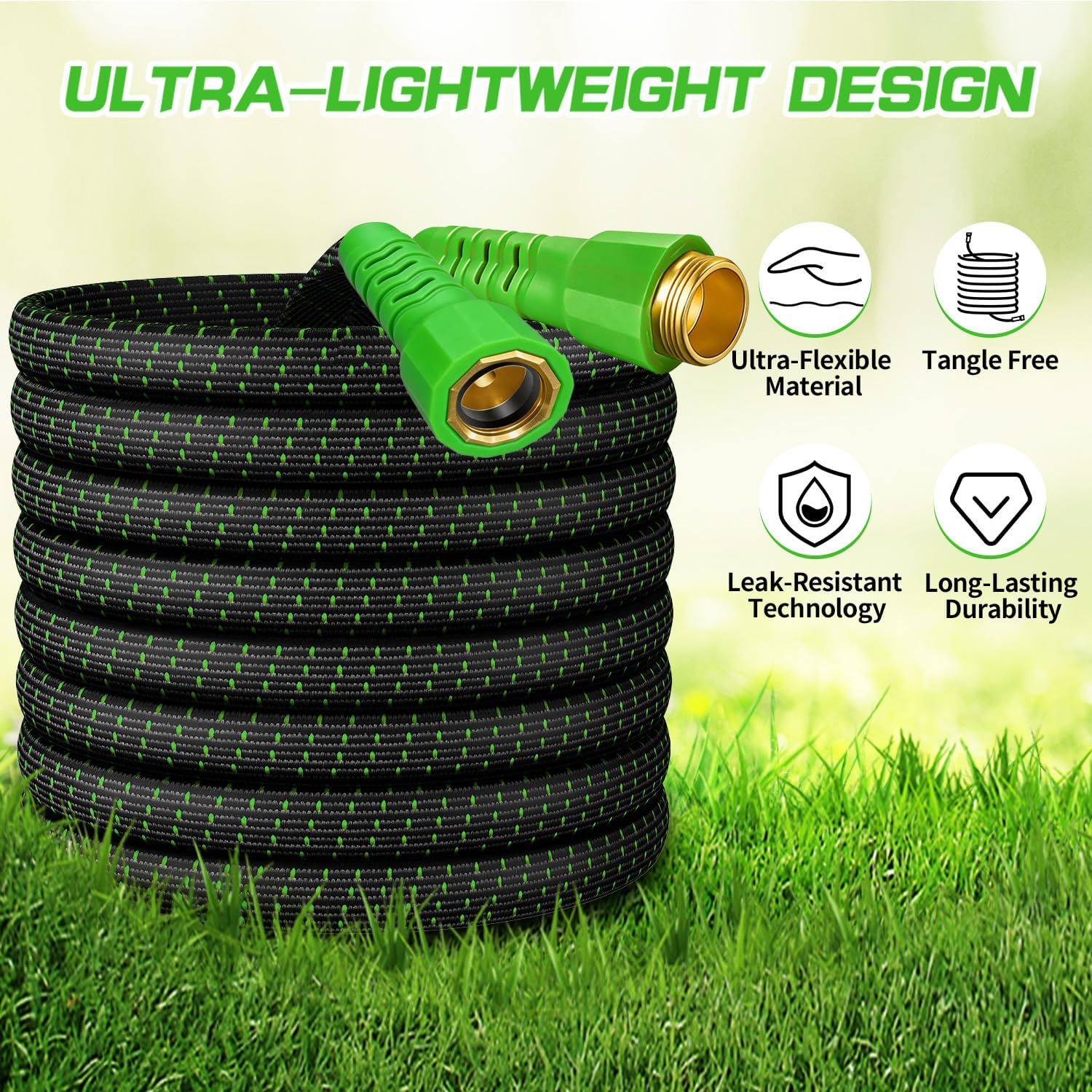 100FT Flexible Garden Hose & 10Modes Nozzle,Lightweight Water Hose,Kink-Free,All-Weather 3/4 in. Hose for RV,Boat,Car Wash,Garden,Yard,Camper,Outdoor NoneExpand (Green-Black,100 Ft)