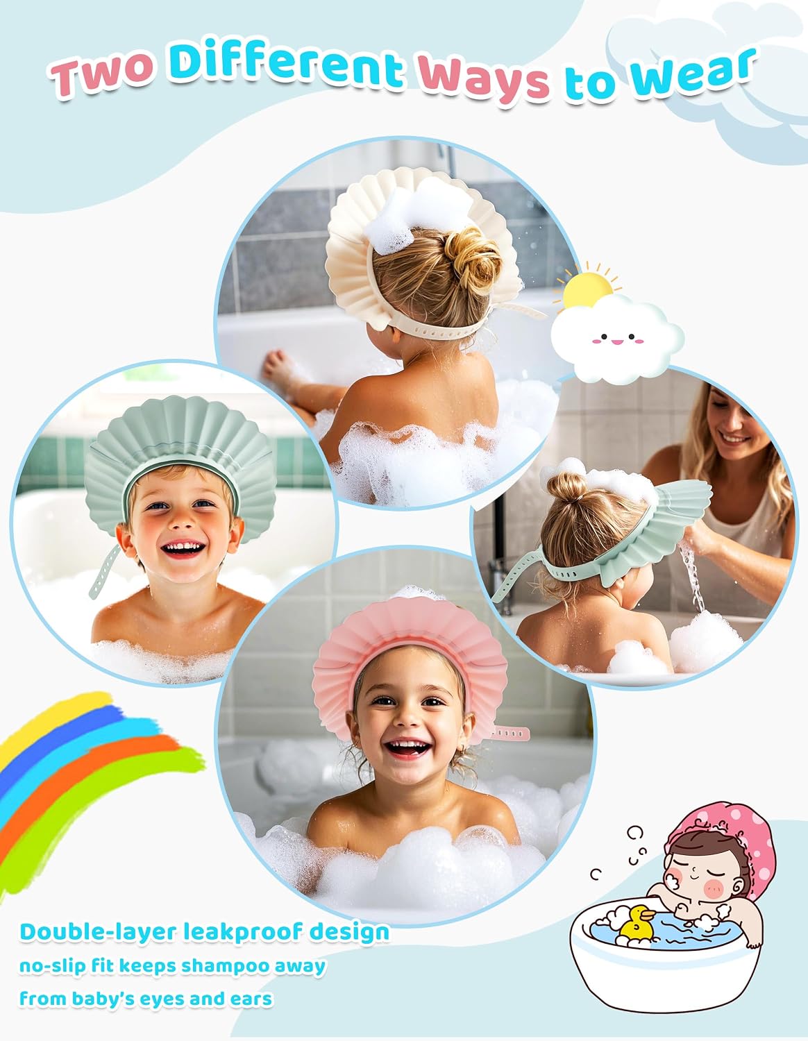 Kids Shower Cap, Baby Hair Washing Shield, Bath Eye Ear Head protector, Bathing Visor for Toddlers, Air Cushioned Shampoo Caps with 22-Size Adjustment for 6Month+ to Adult (White)
