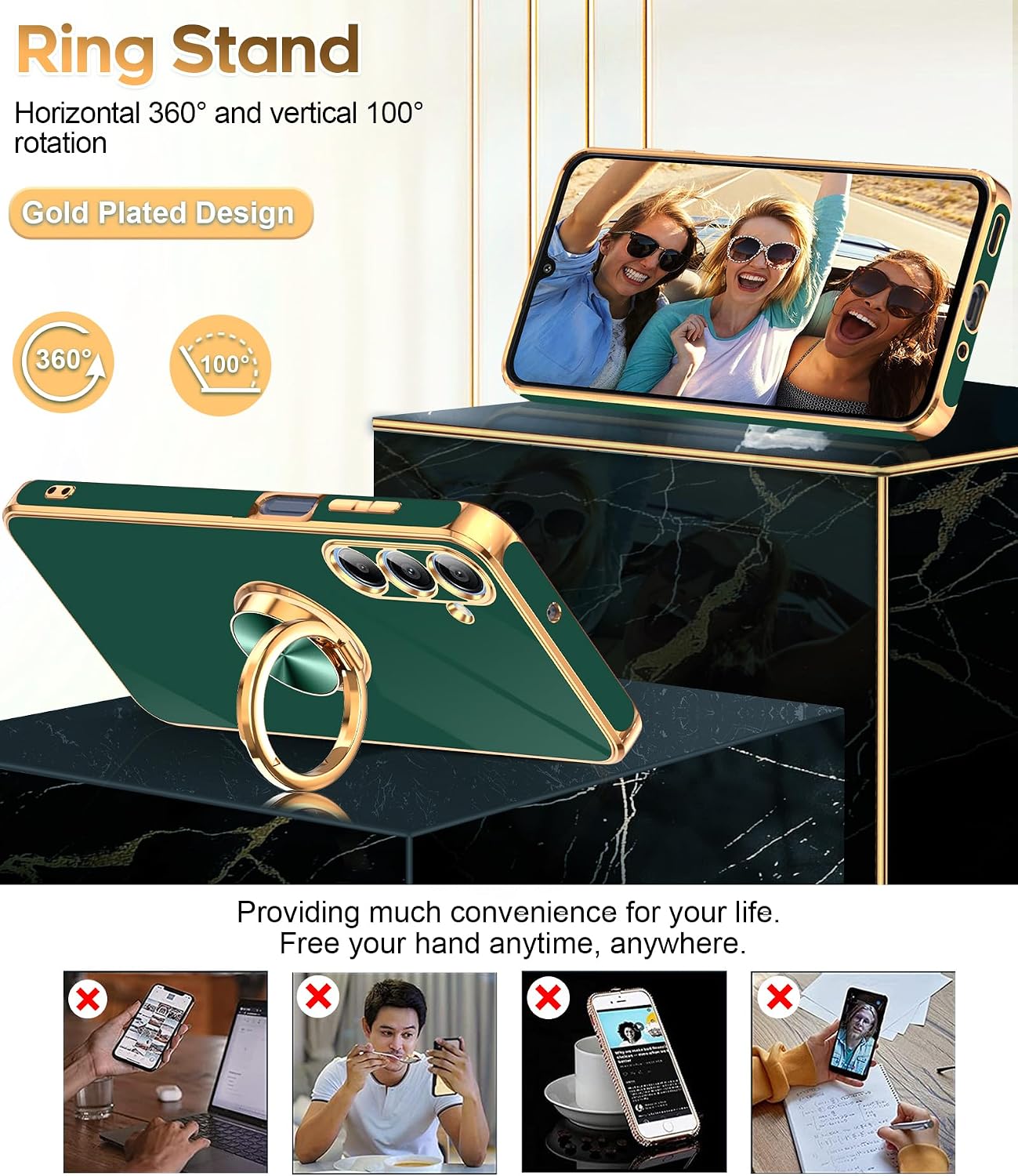 LeYi for Samsung Galaxy A16-5G Case: 2 Pack Tempered Glass Screen Protector and 360° Rotatable Ring Holder Magnetic Kickstand, Plating Rose Gold Edge para A 16 Case, Dark Green