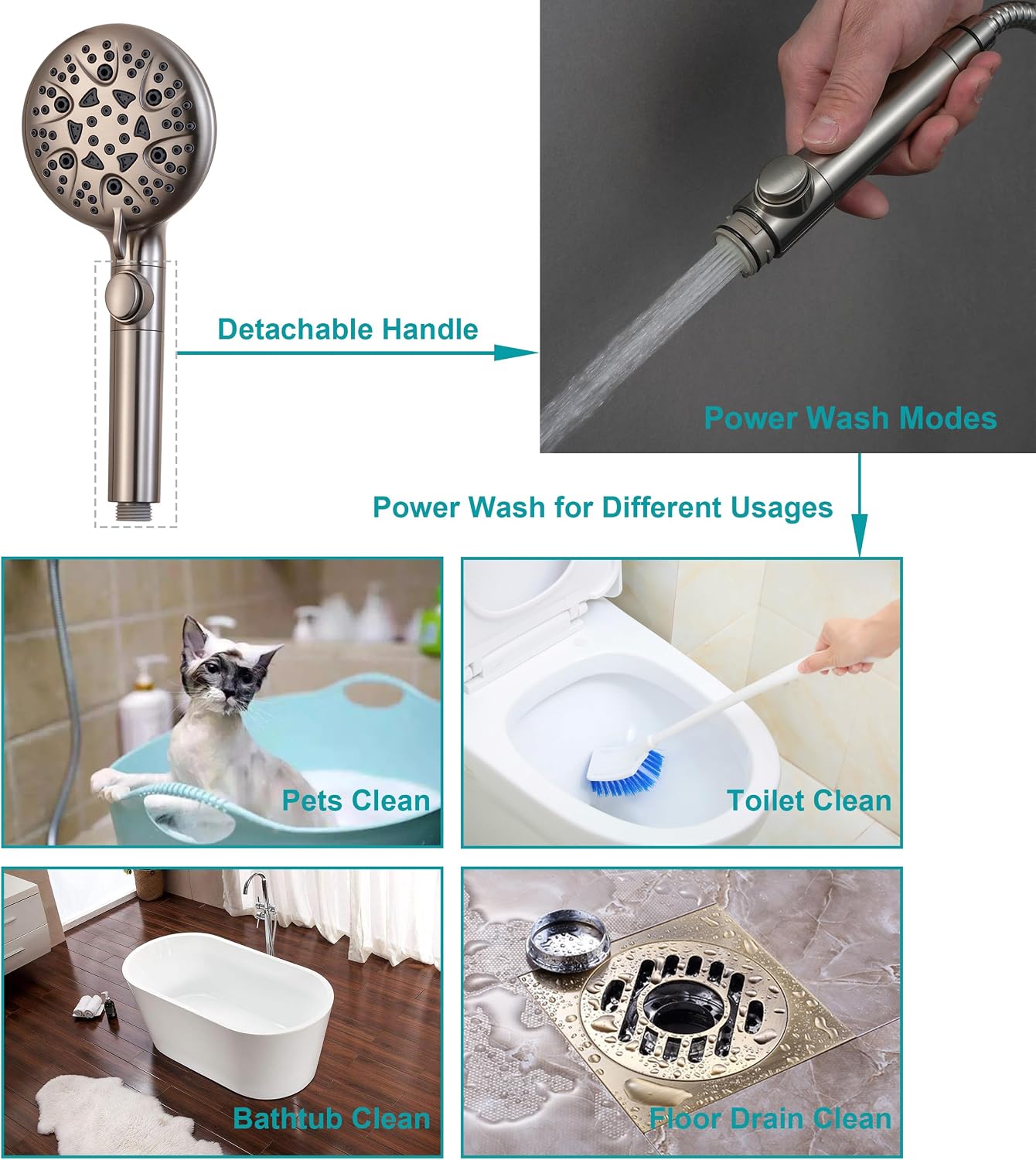 GwernKB Brushed Nickel Shower Heads Handheld with On Off Switch,8-Mode High Pressure Shower Wand with 79In Stainless Steel Hose&Bracket PLUS Low-Reach Adhesive Wall Mount Holder for Kids&Elderly