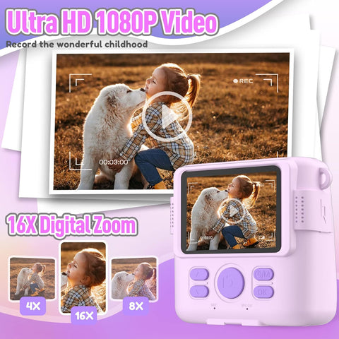 ESOXOFFORE Instant Print Camera for Kids, Christmas Birthday Gifts for Girls Boys Age 3-12,Kids Digital Cameras for Toddler, Portable Toy for 3 4 5 6 7 8 9 10 Year Old Girl -Purple