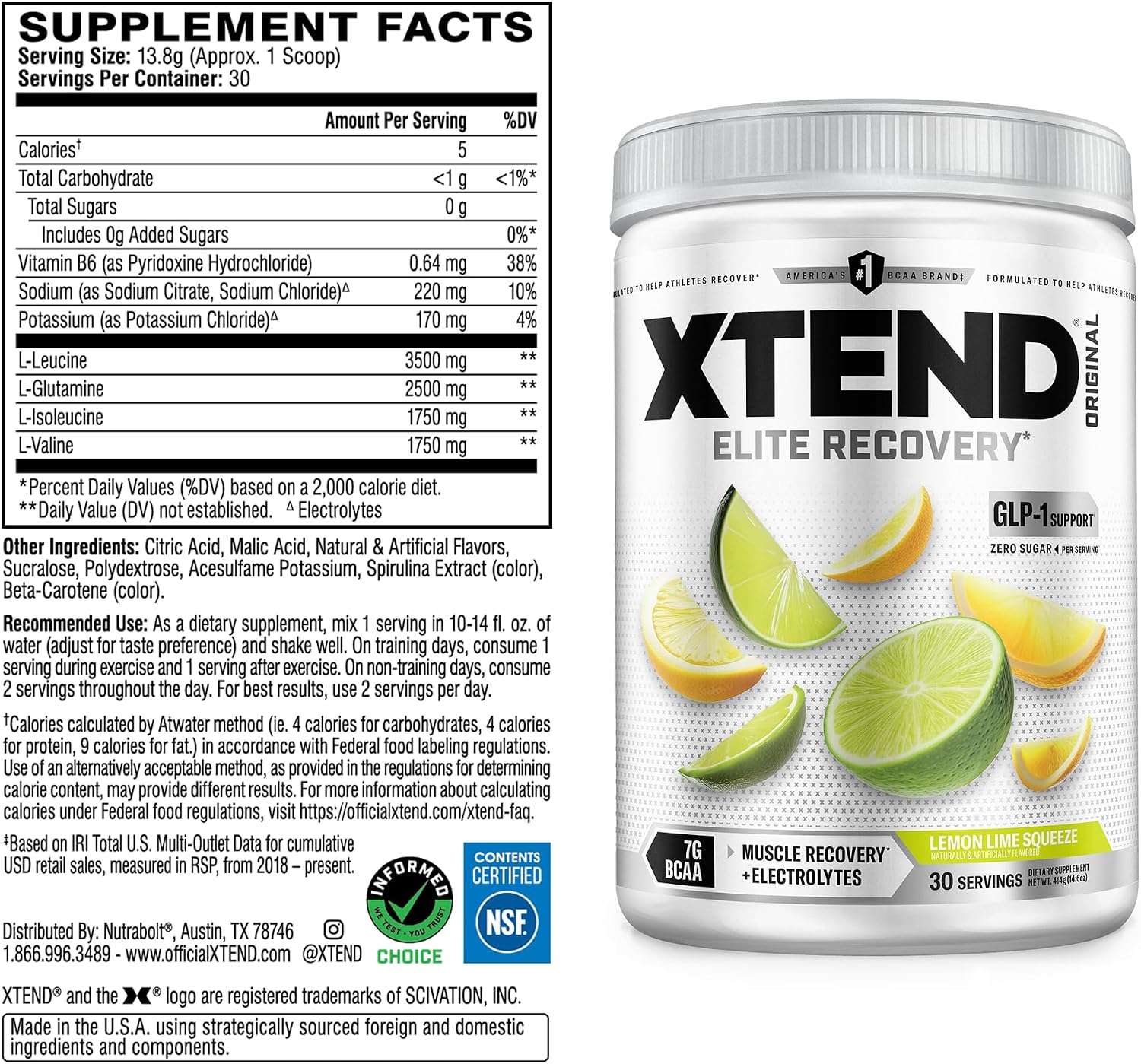 Xtend Original BCAA Powder with Zero Sugar, Lemon Lime Squeeze, 30 Servings