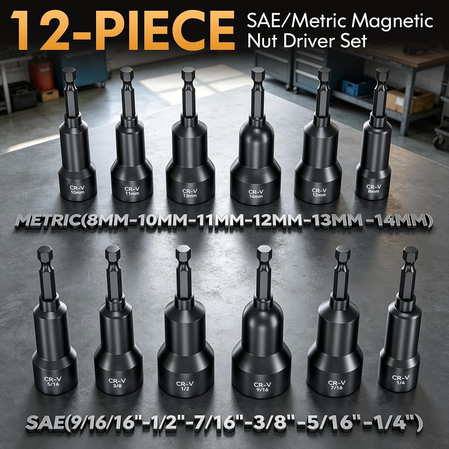 Magnetic Impact Nut Driver Set - Metric & SAE with Socket Adapters (12-Piece)
