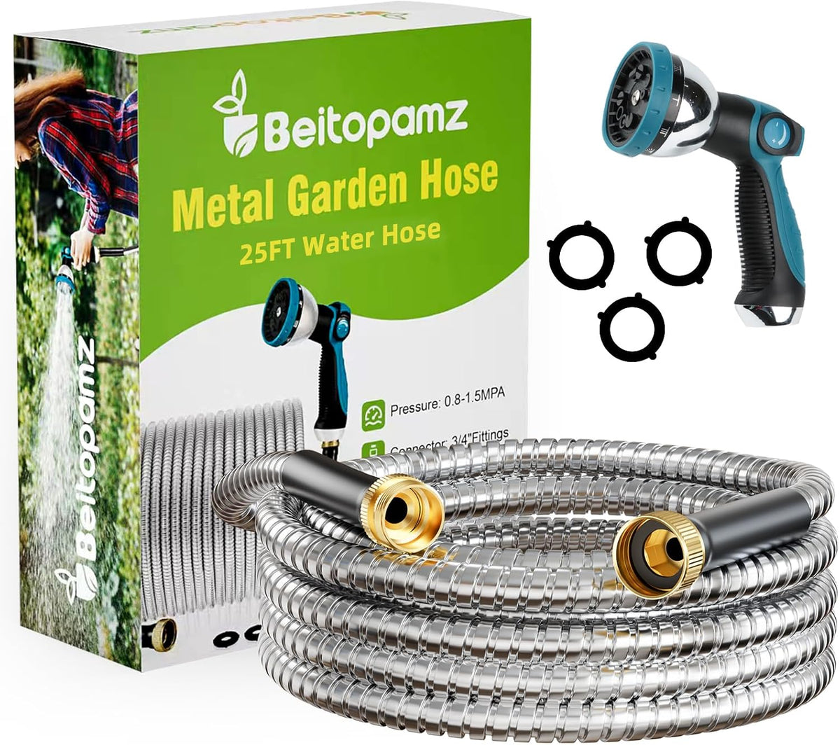 Beitopamz Metal Garden Hose 25 ft with Nozzle, Stainless Steel