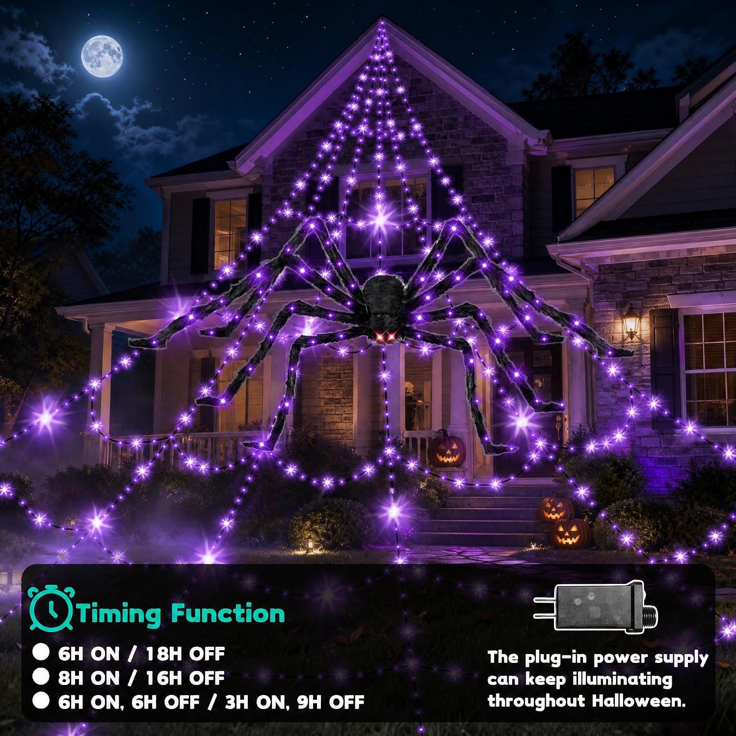 Halloween Decorations Outdoor Spider Web Lights - 550 LEDs Purple and Orange Remote Control Timer Plug in Giant Halloween Decor Cobwebs - 11 Modes Lighting Waterproof Yard Garden Party Decorations