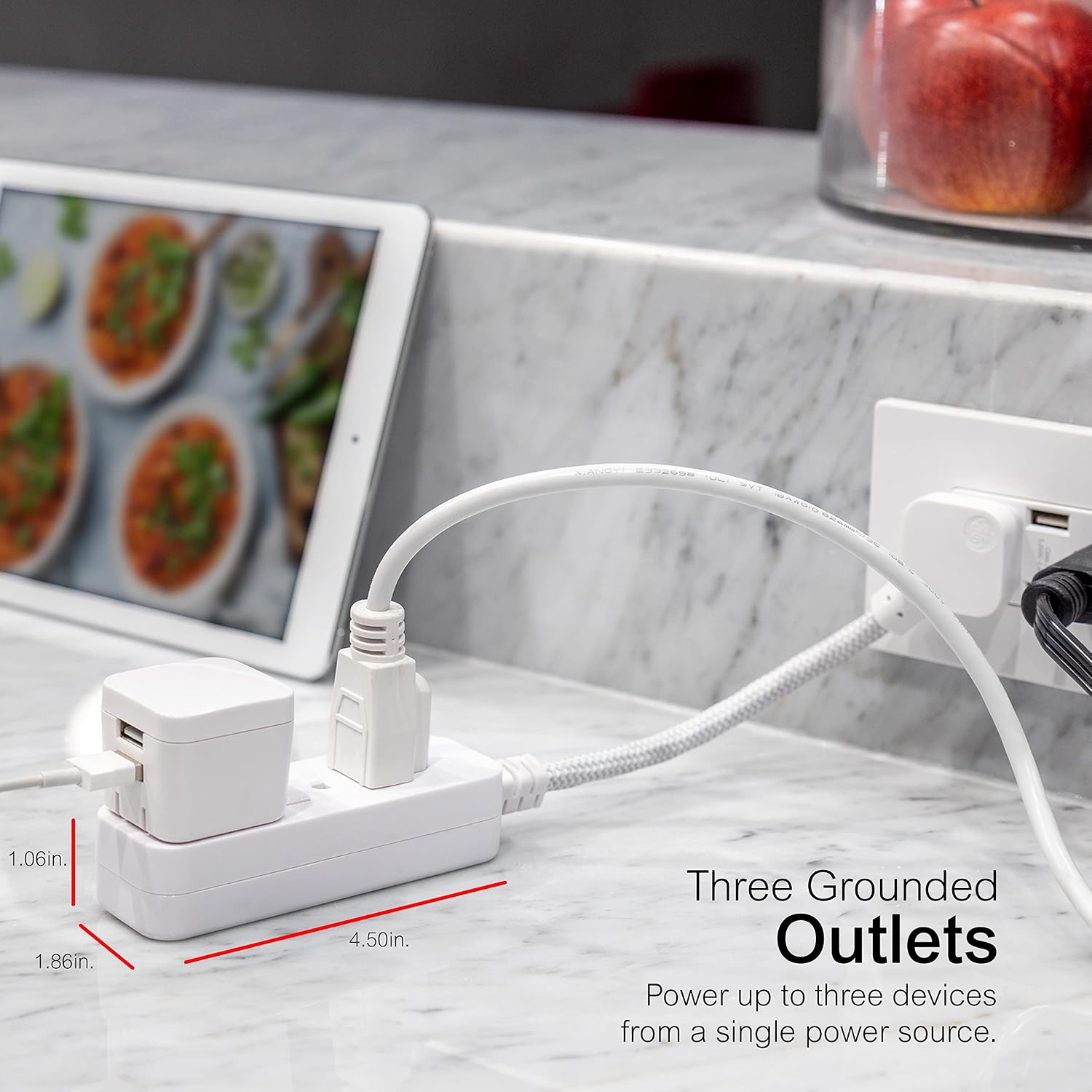 GE 3-Outlet Power Strip 5 Inch Braided Extension Cord with Multiple Outlets