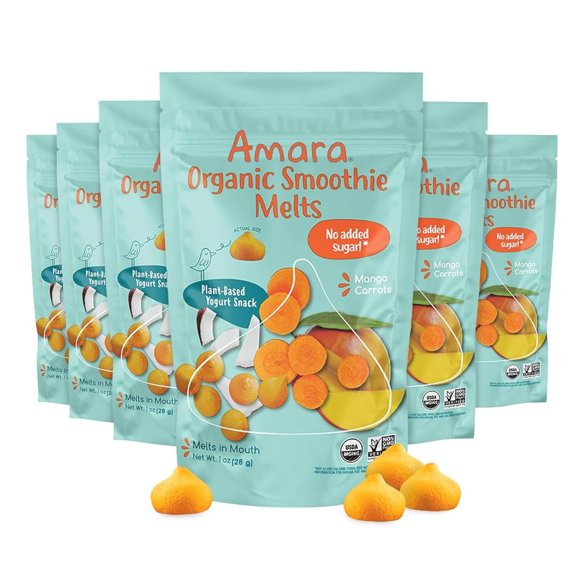 Amara Smoothie Melts - Mango Carrot - Organic Baby Snacks w/ Fruits & Veggies - Plant Based Yogurt Melts - Healthy Toddler Snack - Activity Book Included - Enjoy From 10+ Mos - 6 Resealable Bags