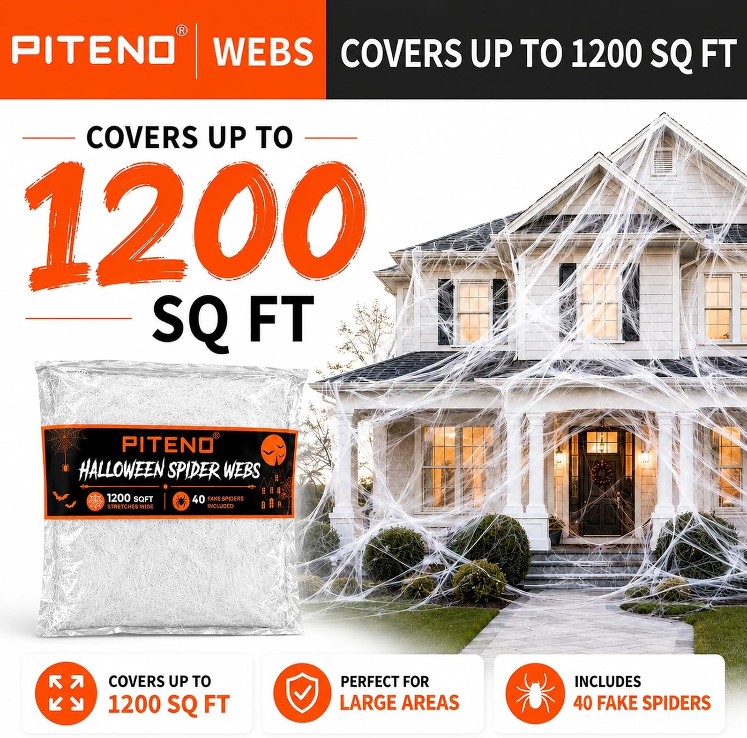 Piteno® 1200 sqft Spider Webs Halloween Decorations with 40 Fake Spiders, Stretchable Halloween Spider Webs for Indoor Outdoor Haunted House Yard Porch Party Decor (White)