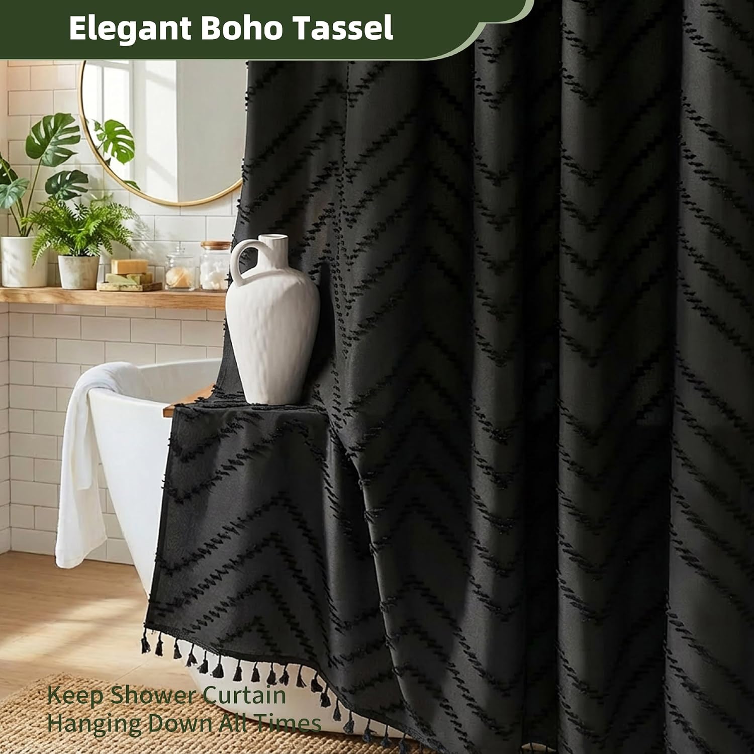 Siiluminisoy Stall Boho RV Shower Curtain Black Tassel Woven Fabric Short Shower Curtain 48 x 64 Modern Farmhouse Textured Tufted Chevron Striped Minimalist Bathroom Shower Curtain