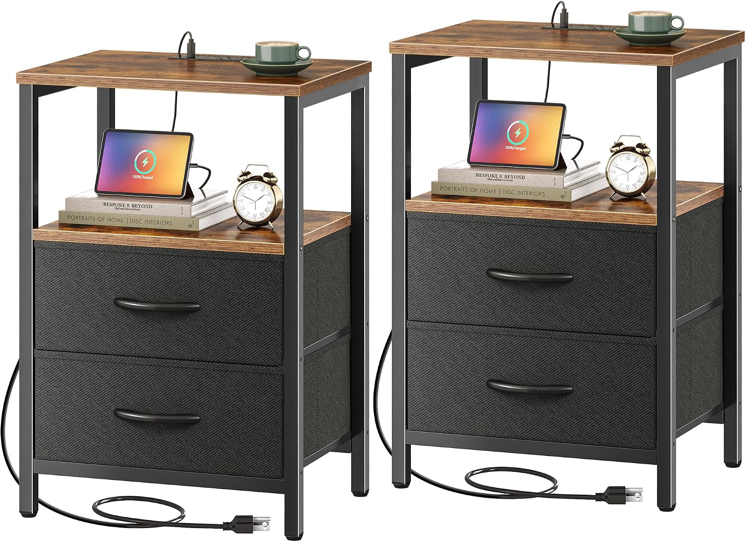 Huuger Nightstands Set of 2, End Tables with Charging Station, Side Table