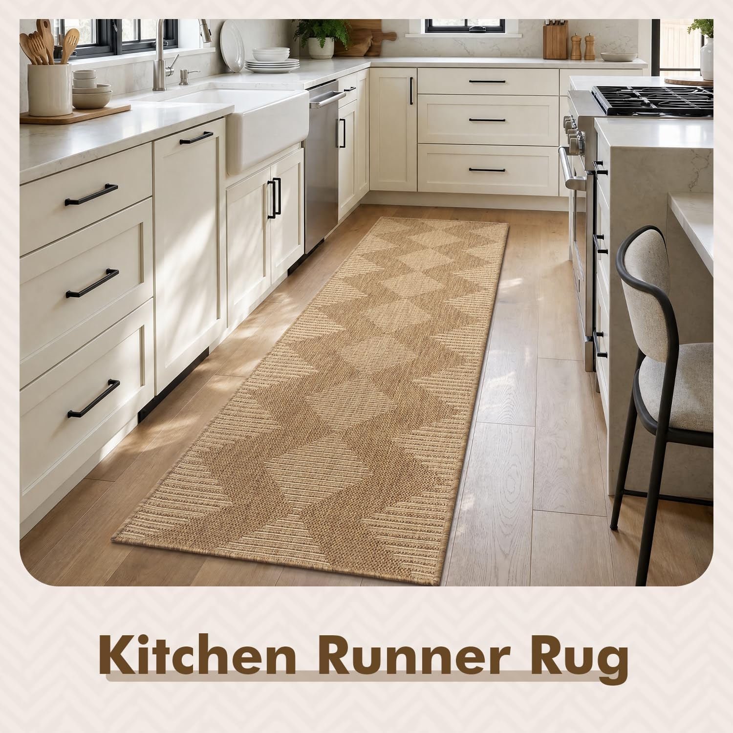 MontVoo-2x6 ft Indoor Outdoor Runner Rugs for Entryway Porch Hallway Kitchen Door Entrance Long, Textured Weave Polypropylene, Durable for High Traffic, Fade-Resistant, Boho Geometric Neutral Brown