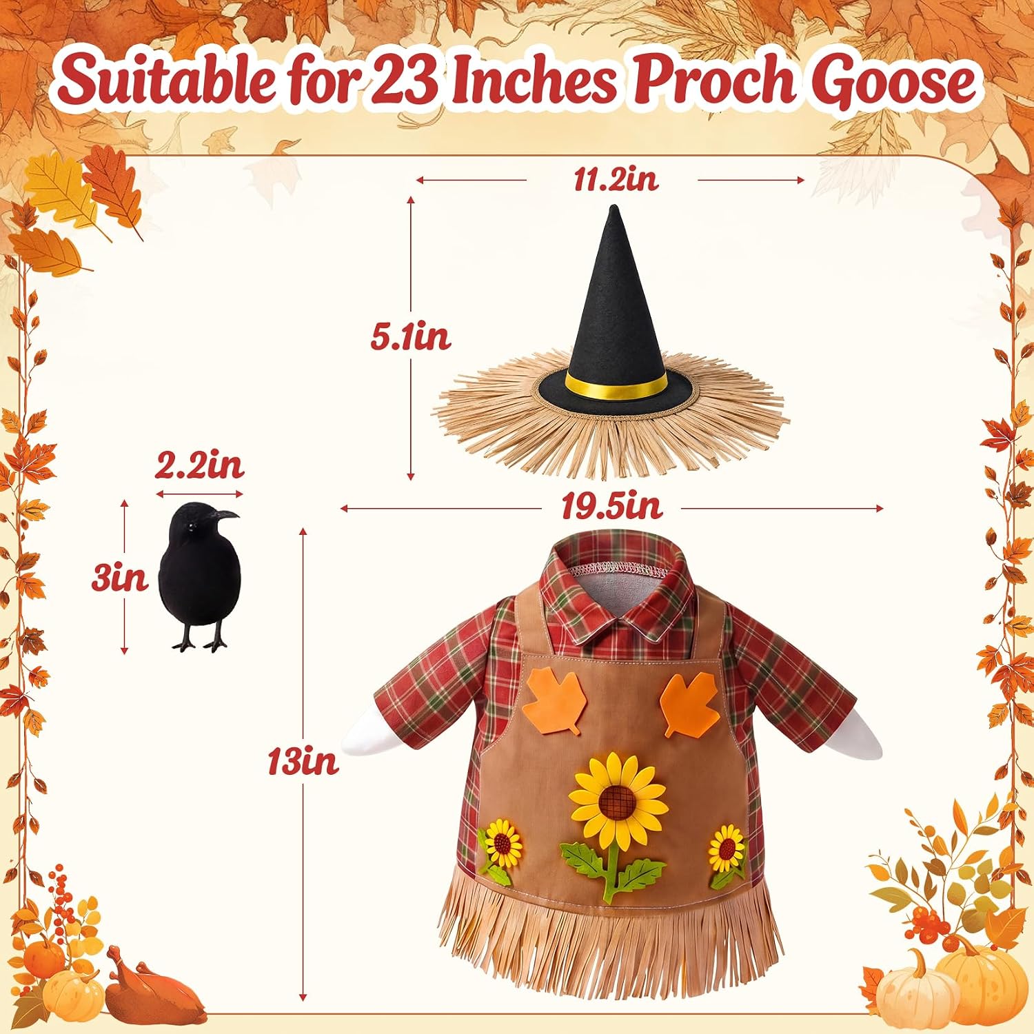 Scarecrow Porch Goose Outfit for 23 Inch Statue Goose, Fall Yard Decor