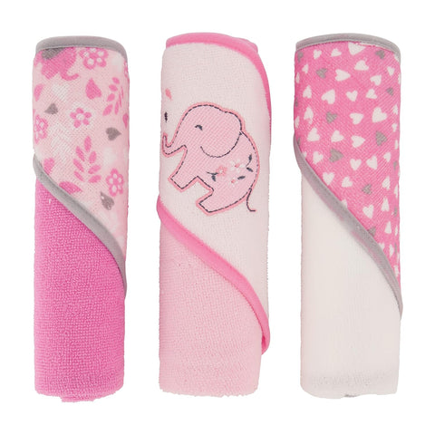 Cudlie Buttons & Stitches Baby Girl 3 Pack Rolled/Carded Hooded Towels in Blooming Elephant Print, GS71729