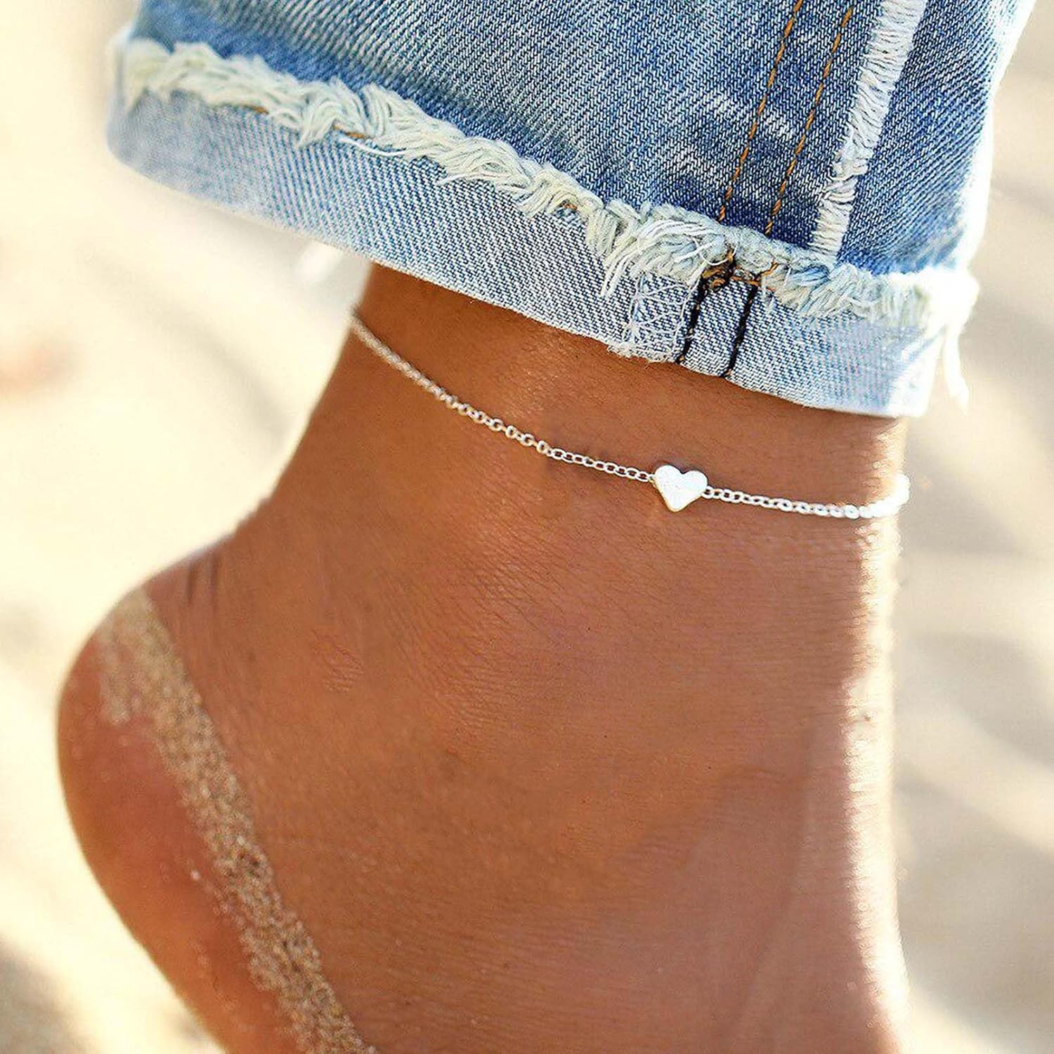 ChicSilver Personalized 925 Sterling Silver Tiny Heart/Moon/Star/Sun/Dot/Triangle Anklets Simple Dainty Foot Jewelry for Women, Silver/Gold Plated/Rose Gold Plated