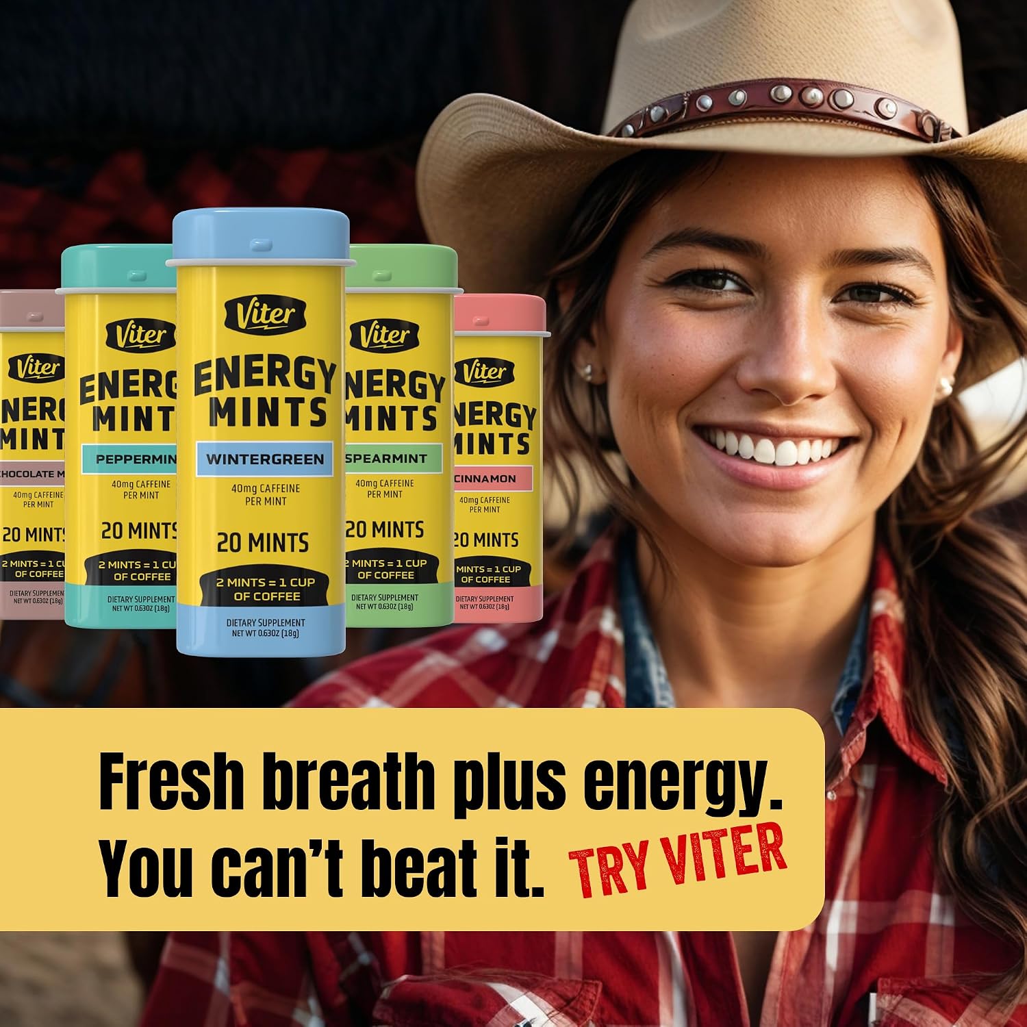 Viter Energy Caffeine Mints 40mg Variety Pack, Sugar Free, 5 Tins, 100ct