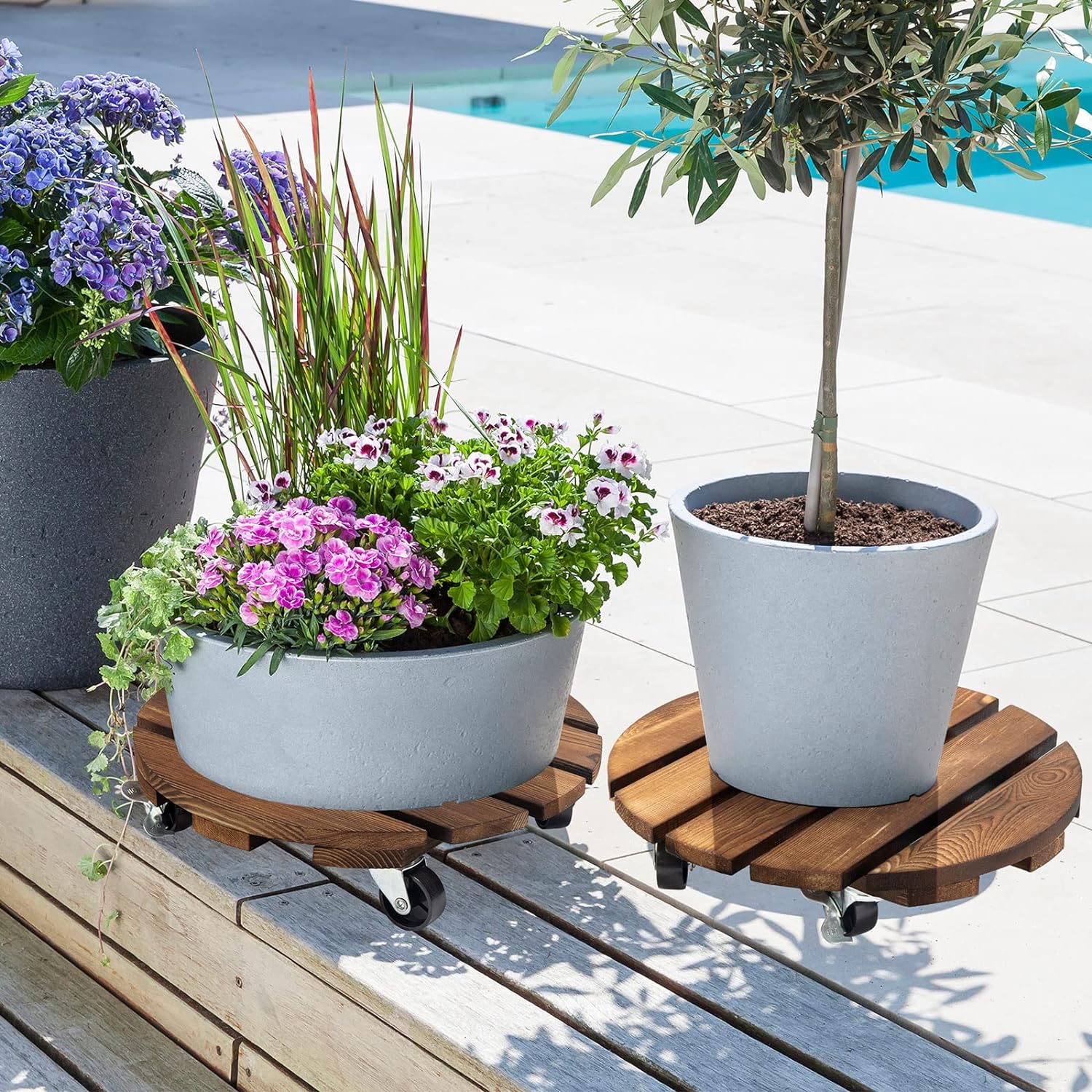 Yangbaga 2pack Plant Caddy 12’’Wood Duty Rolling Plant Stand with 2 360° Lockable Caster Wheels,Indoor Outdoor on Roller Patio/Flower Pot/Succulent Pots