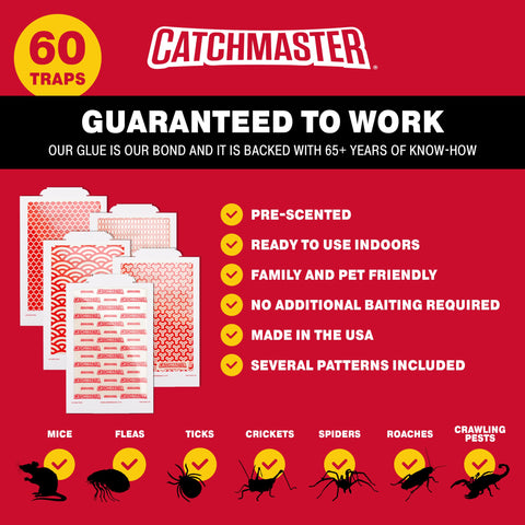 Catchmaster Pro Strength Mouse & Insect Glue Boards 60pk Traps Indoor for Home, Adhesive Bug Catcher, Rat & Rodent Sticky Trap, Non Toxic Bulk Pre-Baited Glue Traps, Pet Safe House Pest Control