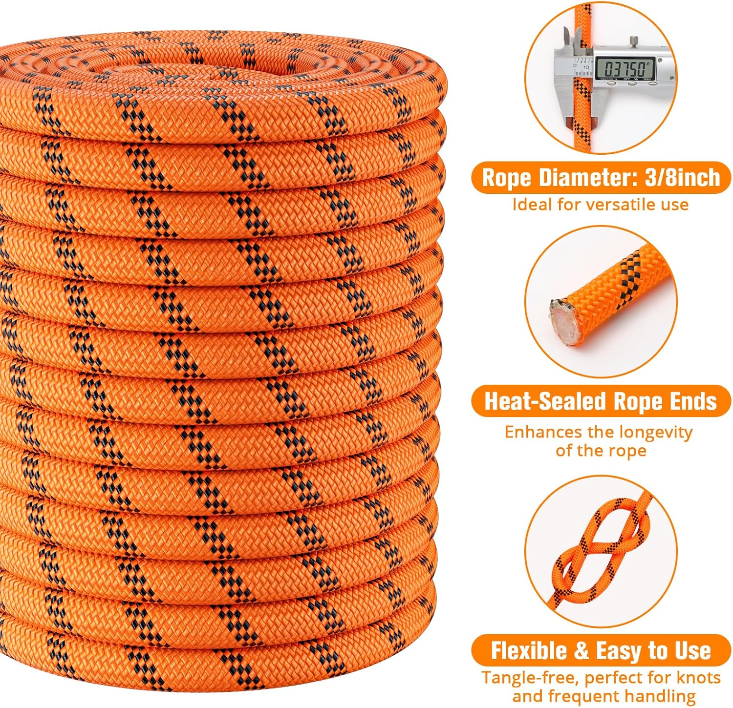 Double Braided Arborist Rigging Rope - 3/8 in X 150 ft 48 Strands Outdoor Pulling Heavy Duty Polyester Bull Rope for Swing Tree Work Camping Rescue Hiking - Orange