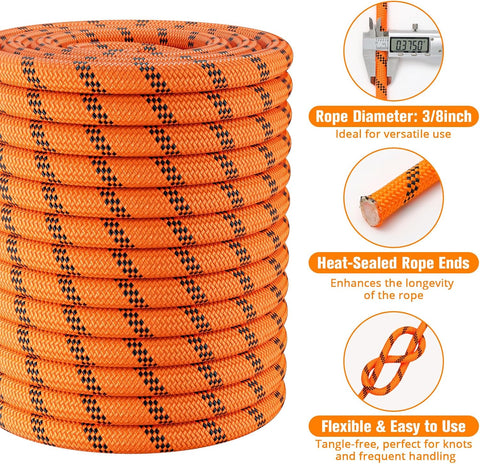 Double Braided Arborist Rigging Rope - 3/8 in X 150 ft 48 Strands Outdoor Pulling Heavy Duty Polyester Bull Rope for Swing Tree Work Camping Rescue Hiking - Orange