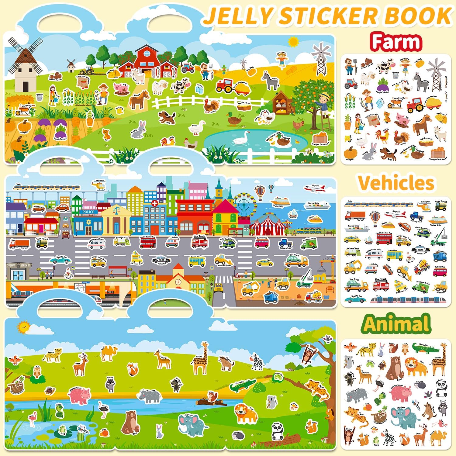 6 Sets Reusable Sticker Book for Toddlers 3-6, Jelly Stickers Book for Kids, Travel Sticker Activity Toys for Childs 3 4 5 6 Years Girls & Boys Best Gifts