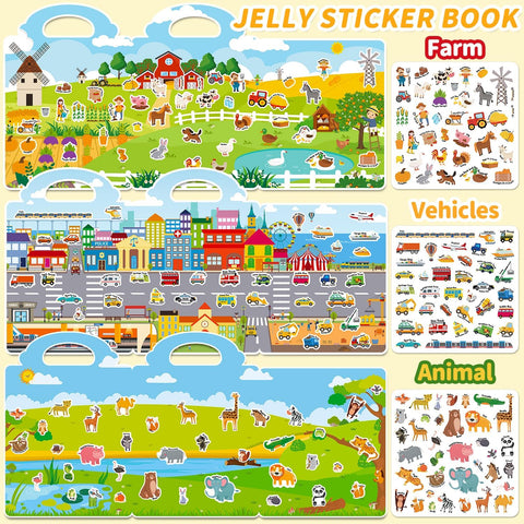 6 Sets Reusable Sticker Book for Toddlers 3-6, Jelly Stickers Book for Kids, Travel Sticker Activity Toys for Childs 3 4 5 6 Years Girls & Boys Best Gifts