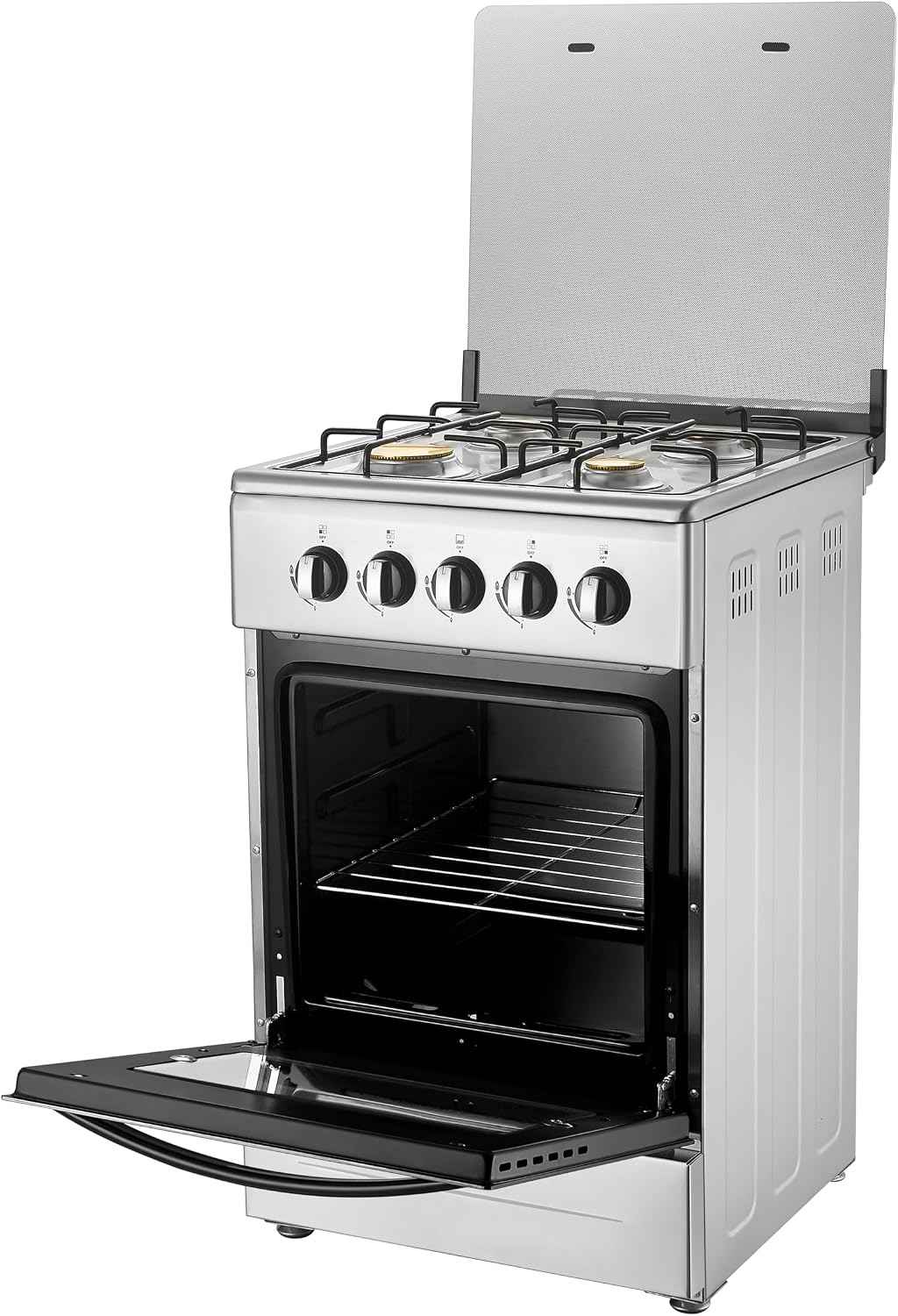 20" Free Standing Gas Stove Oven Range,4 Burner LPG Cooktop with 65L Oven, 201 Stainless Steel Body, Double Layer Mirror Surface Tempered Glass Door, Compact Design for Kitchen (NG-LPG Conversion Kit)
