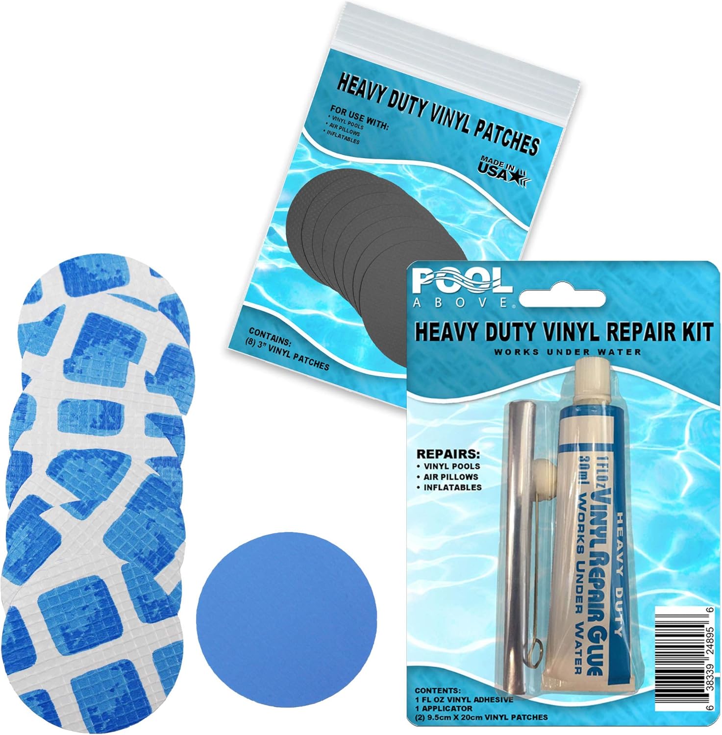 All-in-One Repair Kit for Above-Ground Pools | Fast, Underwater-Capable Peel-and-Stick OR Adhesive Glue-Down Vinyl Patches & for Easy Set and Frame Pools Blue Glue On