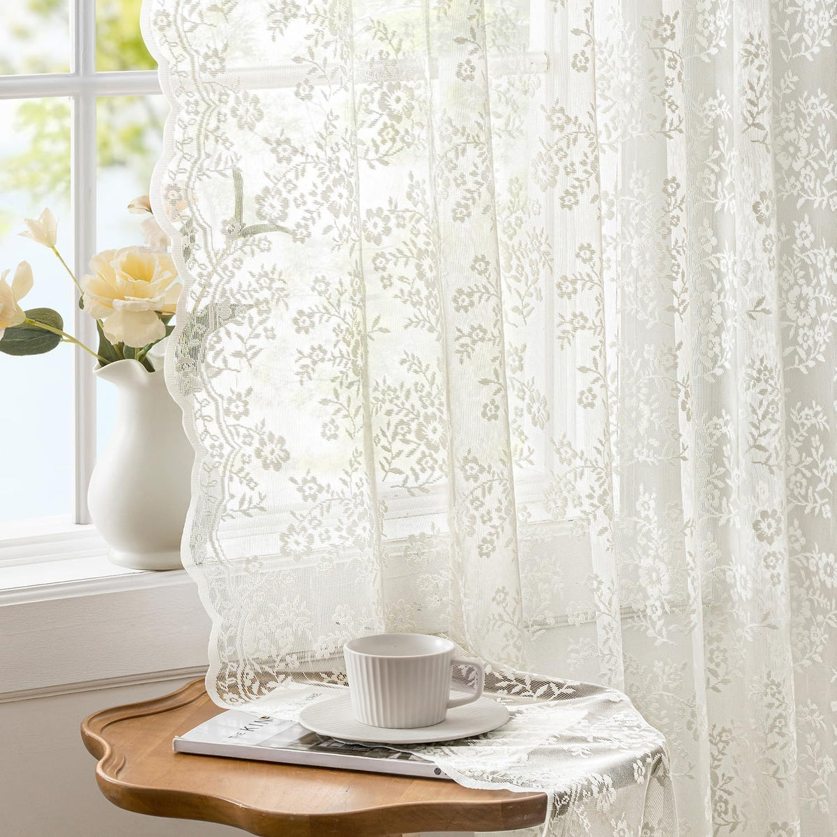 2 Panels Vintage Lace Curtains 90 Inches Long 52 x 90 Inch Ivory