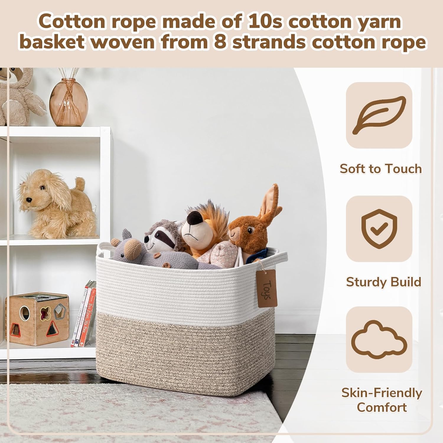 Goodpick 50L Large Woven Rope Storage Basket, Rectangle, Light Brown