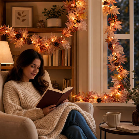 Fall Decorations for Home 9FT Fall Garlands with Lights Large Fall Maple Leaves with Berries and Pinecones Plug in 50 Warm Incandescent Bulbs for Indoor Outdoor Autumn Halloween Harvest Decorations