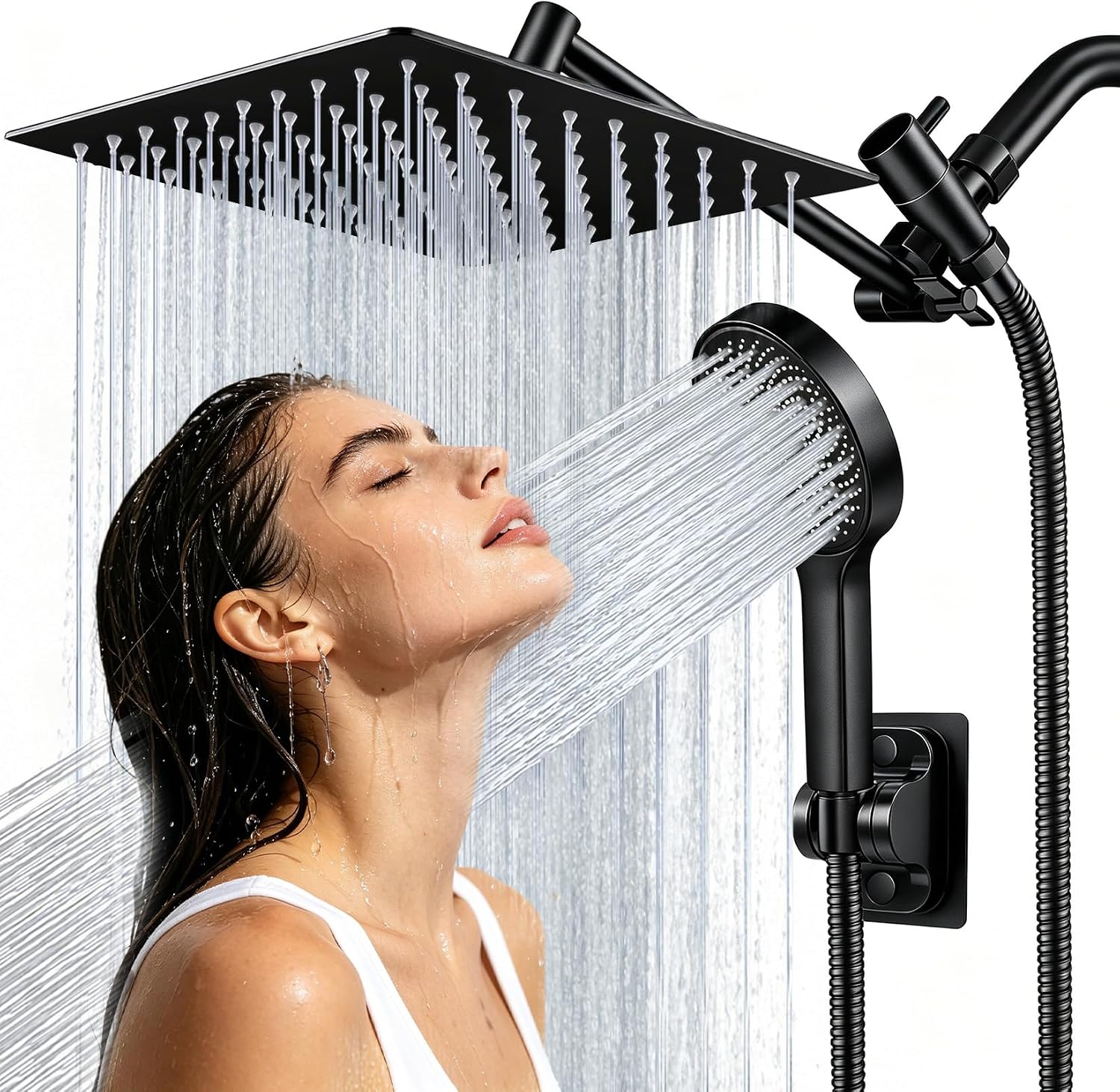 Shower Head, 8 inch Multifunction High Pressure Rain Shower Head with Handheld Spray Combo with 11'' Angle Adjustable Extension Arm/Flow Regulator/Shower System Matte Black