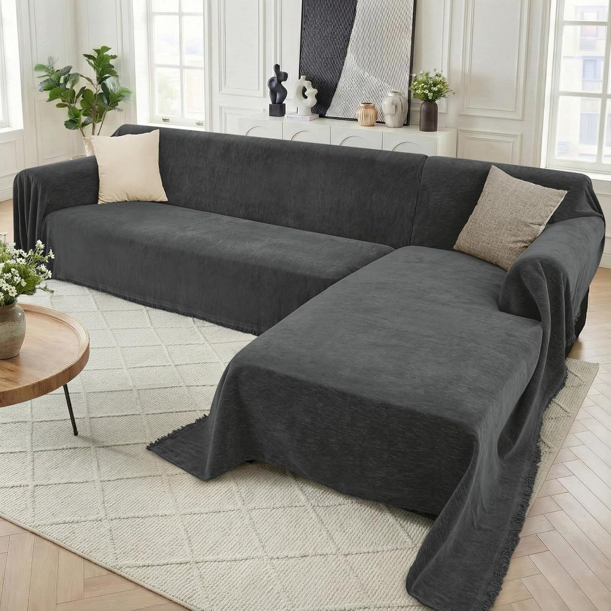 2 Pieces Sectional Couch Covers L Shaped Cover XXXL Charcoal Gray