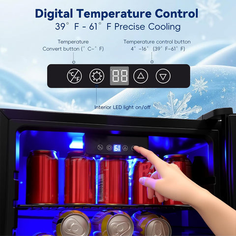 Beverage Refrigerator, 48 Can Wine Cooler with Glass Door, 1.7 Cu.Ft Mini Fridge with Digital Display, LED Light - Mini Bar for Soda, Wine, Beer, under counter Refrigerator