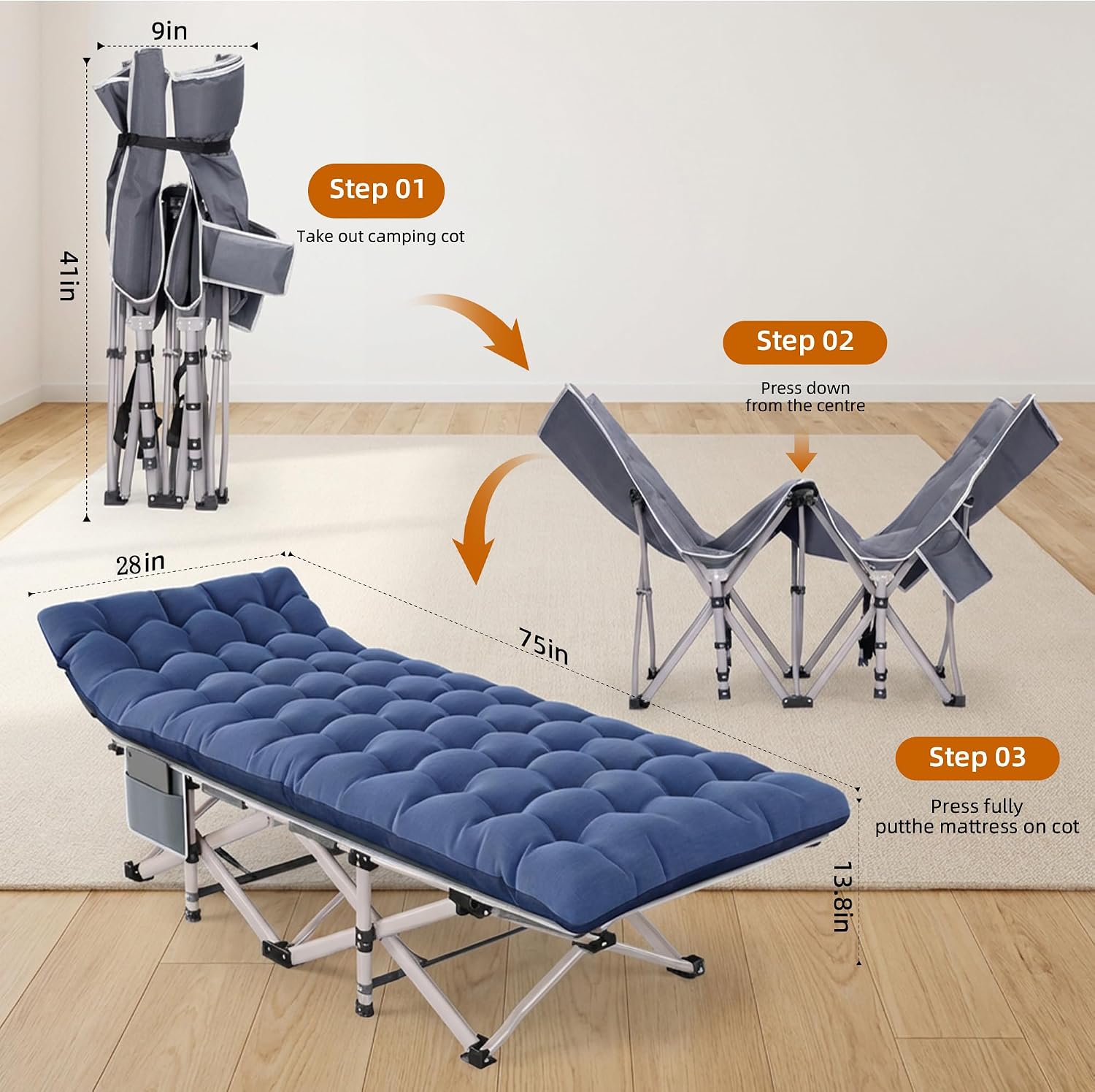 Fenbeli Folding Camping Cot with Mattress Pad for Adults, Blue