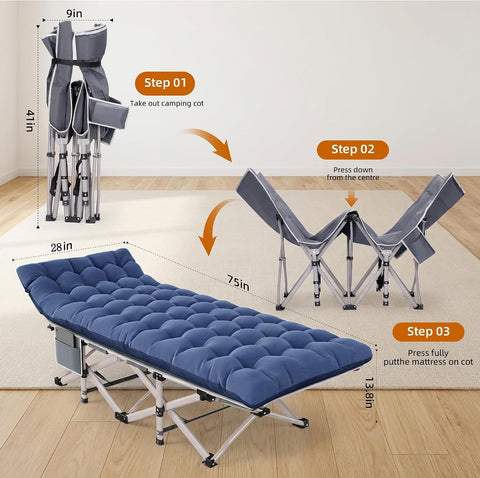Fenbeli Folding Camping Cot with Mattress Pad for Adults, Blue
