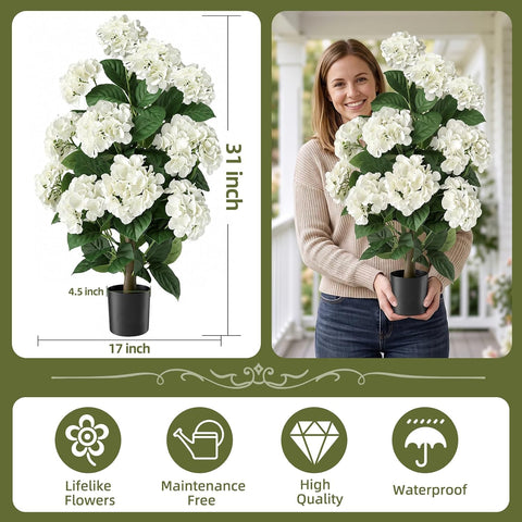 2 Pack Hydrangea Artificial Tree Flowers for Outdoor Faux Bush Plant