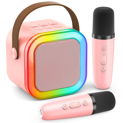 Karaoke Machine for Kids Adults, Portable Bluetooth Mini Karaoke Microphone Singing Speaker with 2 Mic and Light,Toys for All Smartphones,Birthday, Family,Home Party (Pink)