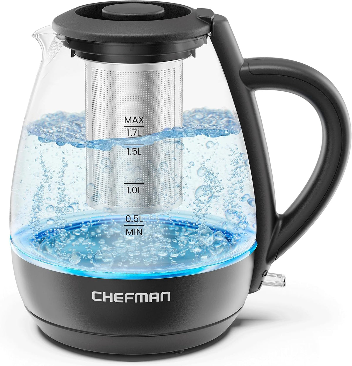 Chefman Electric Kettle with Tea Infuser, 1.7L 1500W, Removable Lid for Easy Cleaning, Boil-Dry Protection, Stainless Steel Filter, BPA Free, Auto Shut Off Hot Water Boiler, Glass Electric Tea Kettle