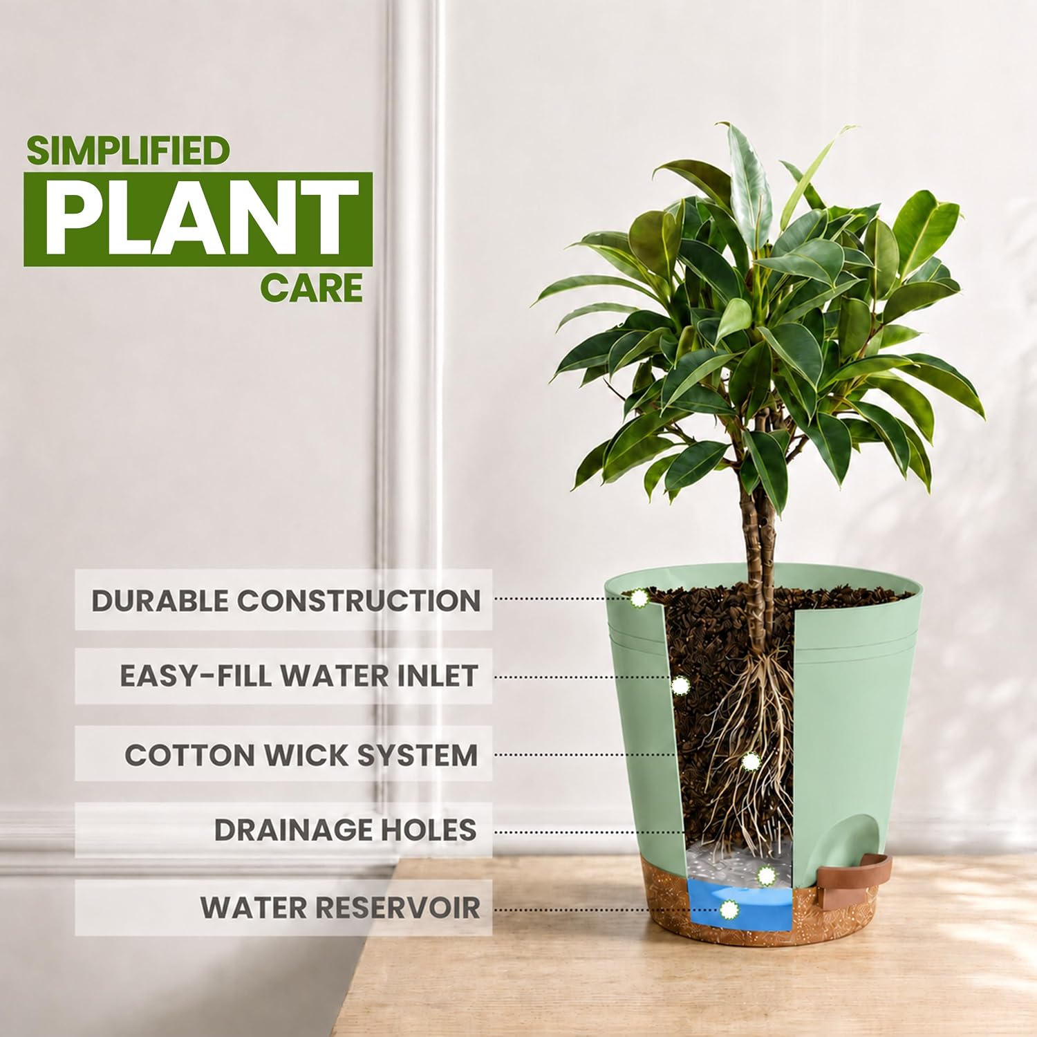 Utopia Home Self Watering Pots for Indoor Plants 6.8"/6.4"/5.9"/5.5"/4.9" Set of 5, Planters for Indoor Plants, Small Multi-Size Flowerpot, Plant Pots with Drainage & Reservoir (Olive Green)