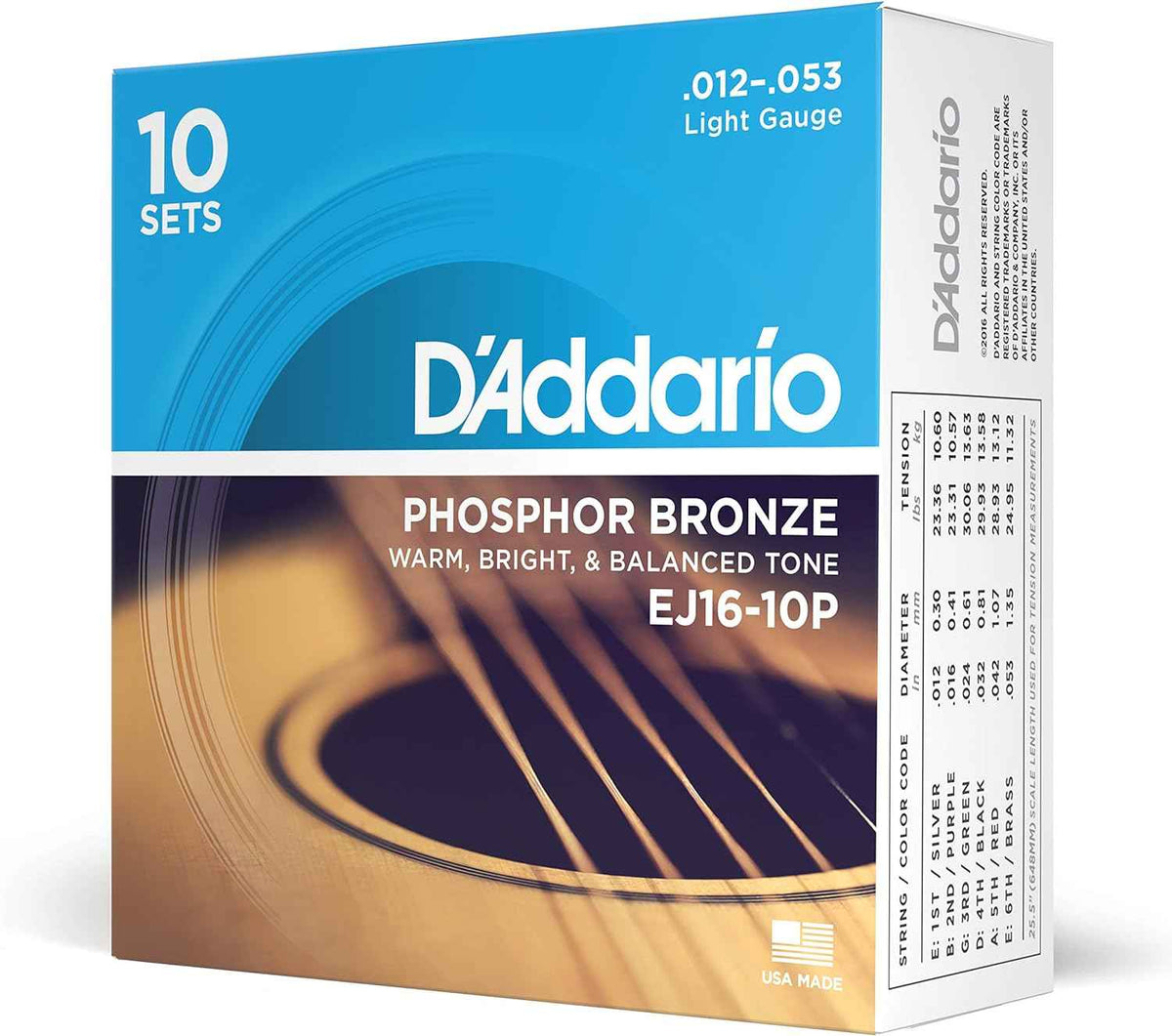 D'Addario EJ16-10P Phosphor Bronze Acoustic Guitar Strings 12-53, 10 Sets