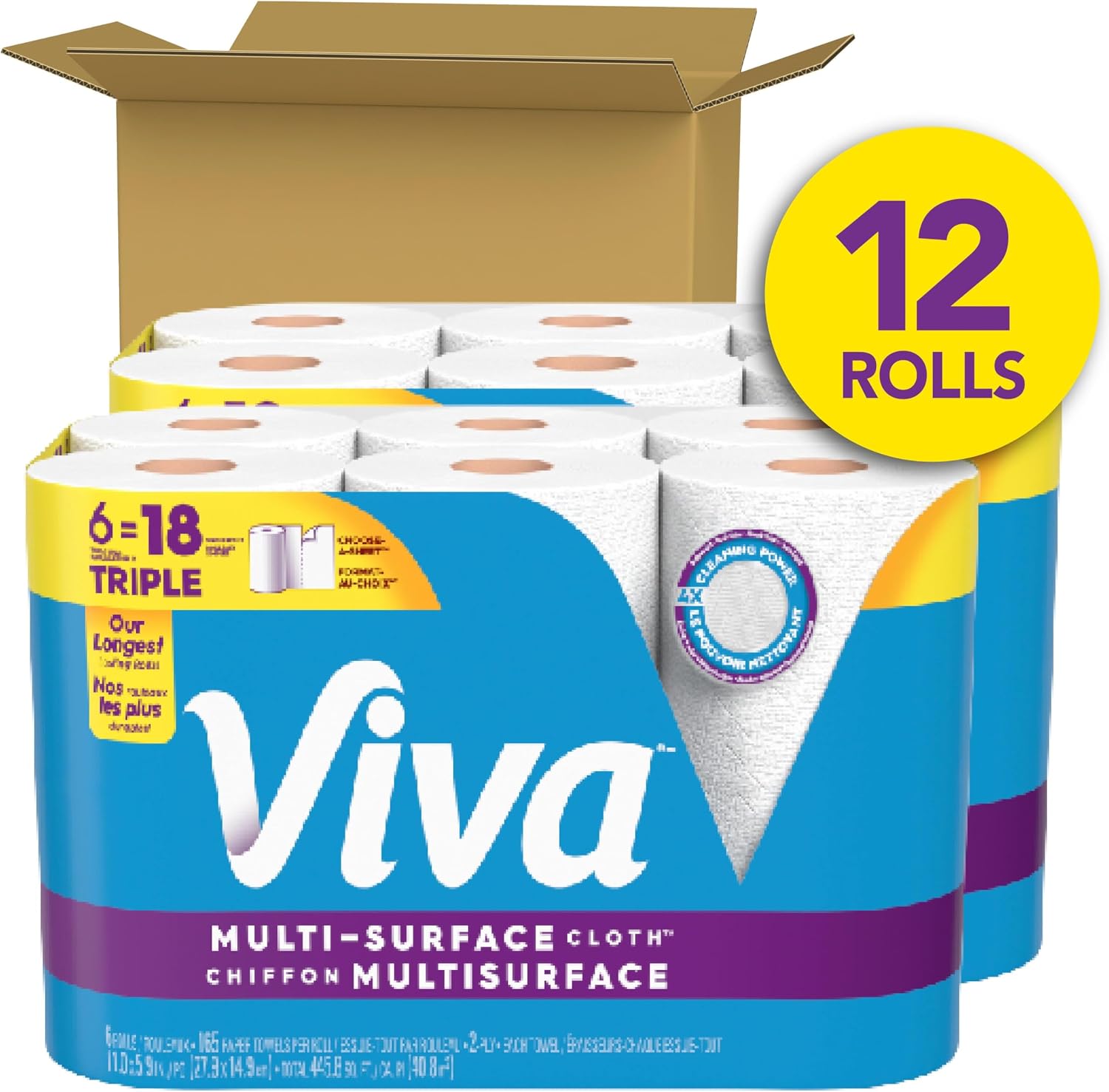 Viva Multi-Surface Cloth Paper Towels, 12 Triple Rolls, 165 Sheets per Roll