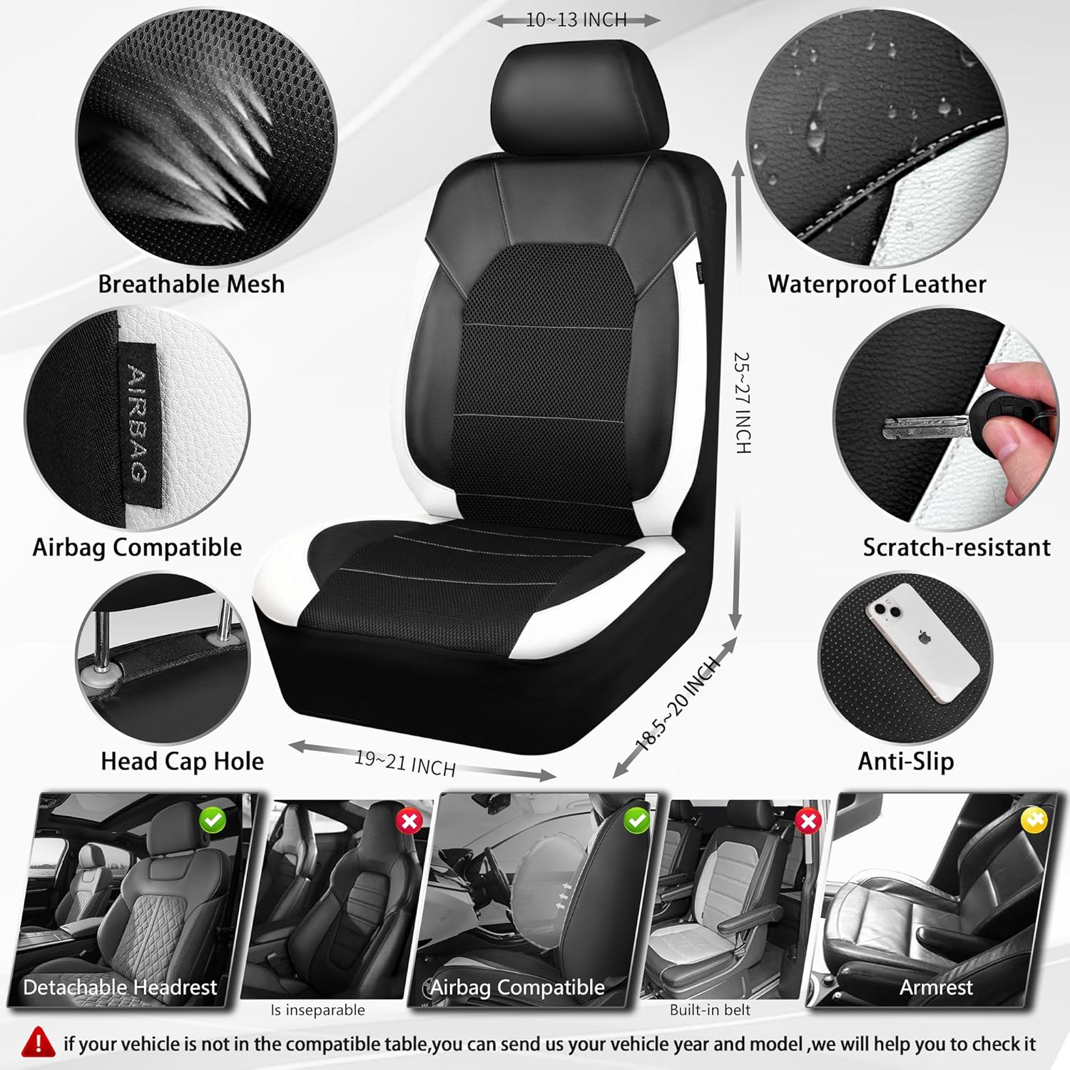 CAR PASS Universal Front Leather Car Seat Covers with Sporty Design, Breathable All Season Easy to Clean Anti-Slip Wear-Resistant Automotive Seat Covers Fit for Most Cars, SUVs, Trucks, Black & White
