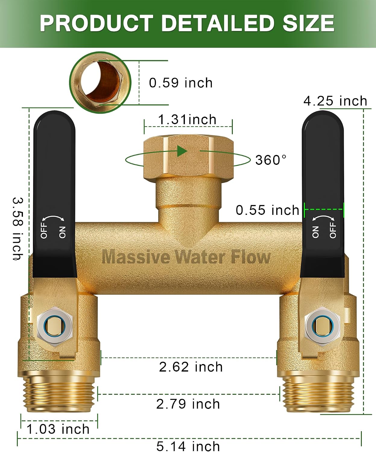 Hose Splitter 2 Way Heavy Duty, Full Flow Garden Hose Splitter with 2 Long Metal Handles, Brass Rust and Freeze Resistant Water Hose Bib Splitter, T Adapter Connector with 3/4 - Inch GHT Thread（Black）