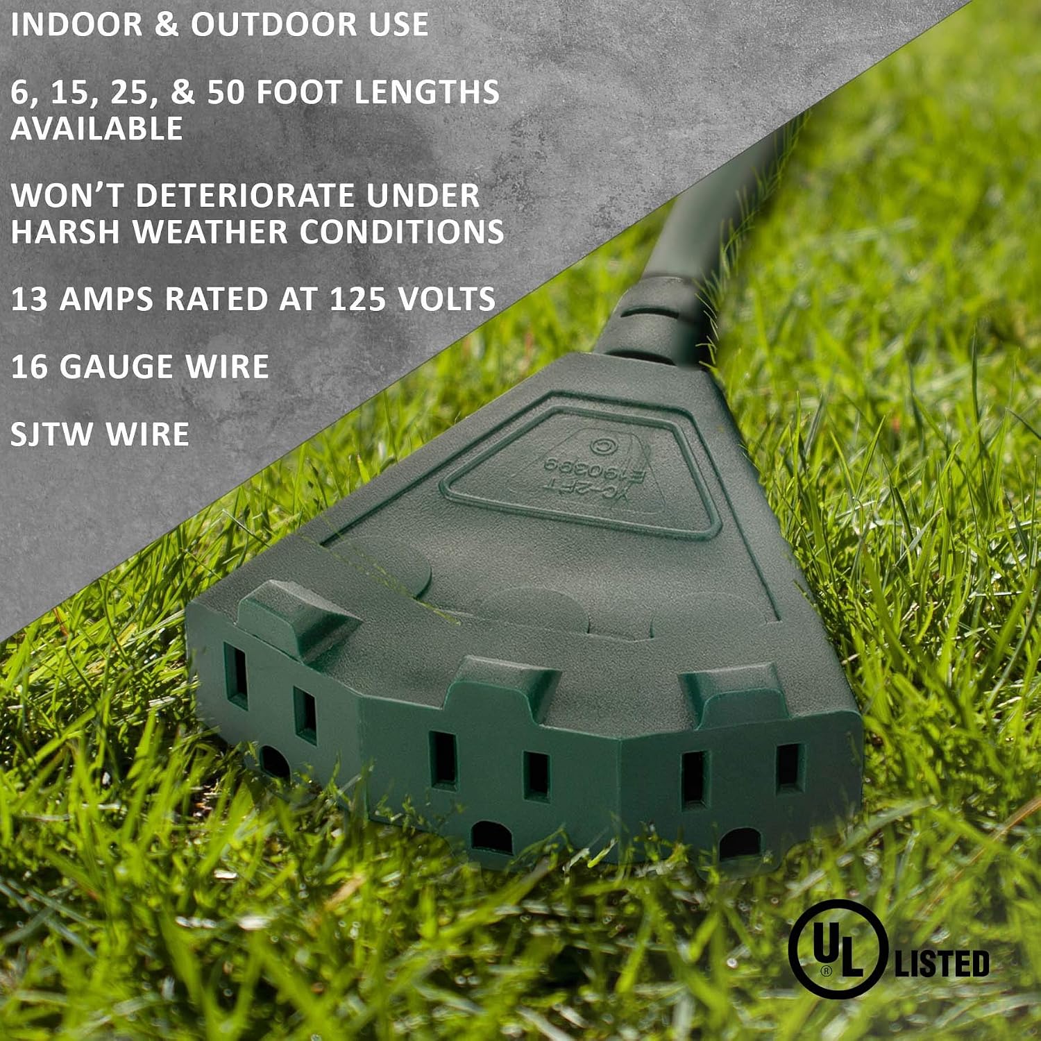 Holiday Lighting Outlet 25-Foot Green Extension Cord, 3-Prong Indoor & Outdoor Splitter, Perfect for Landscape Lighting