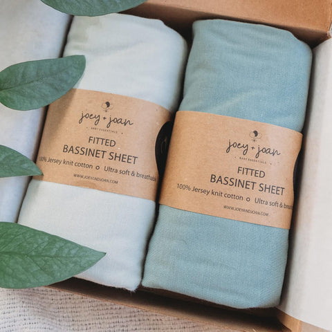 Joey + Joan Bassinet Fitted Sheets 33x20 for Baby Beside Dreamer Bassinet & Bedside Sleeper – Buttery Soft 100% Cotton – Light + Dark Sage Green – 2 Pack