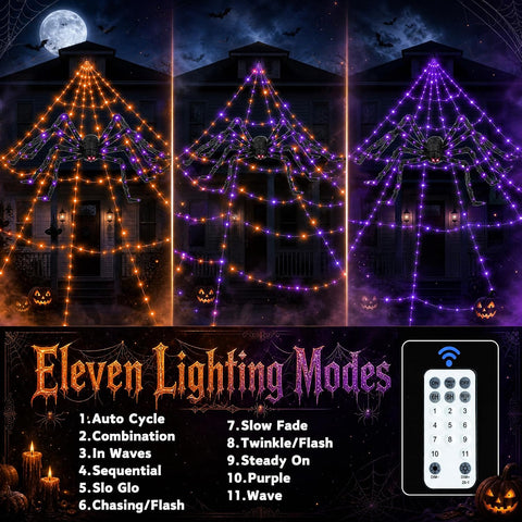 Halloween Decorations Outdoor Spider Web Lights - 550 LEDs Purple and Orange Remote Control Timer Plug in Giant Halloween Decor Cobwebs - 11 Modes Lighting Waterproof Yard Garden Party Decorations