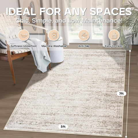 5x7 Area Rugs for Living Room Bedroom Dining Room Washable Beige Ivory