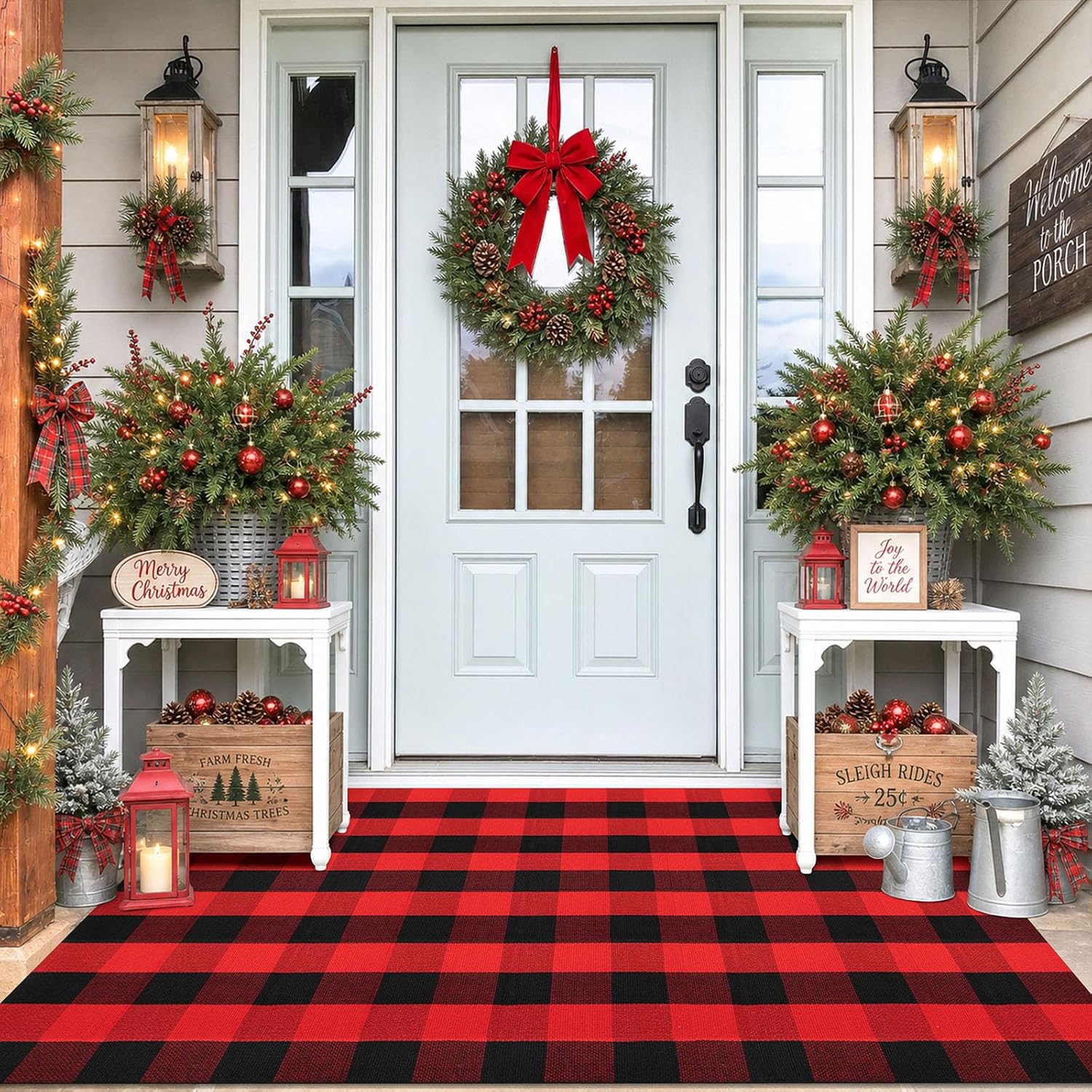 IOHOUZE Christmas Buffalo Plaid Outdoor Rug 4x6, Washable, Red Black